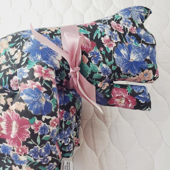 Vintage Cloth Floral Print Cat Stuffed Shelf Sitting Plush Kitty Blue & Bow - Picture 3 of 11